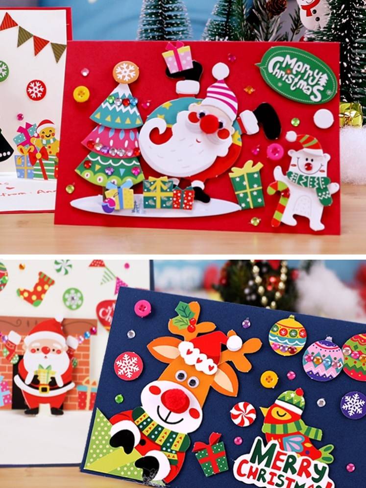 幼儿园小学元旦材料新年手绘圣诞贺卡儿童填色画画卡片空白涂