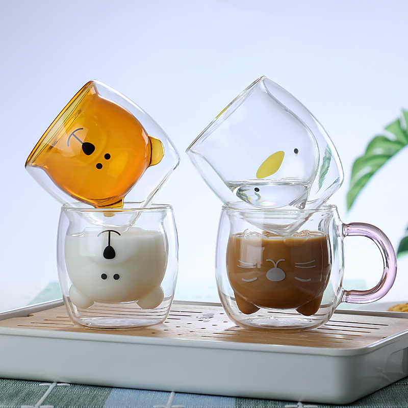 网红双层耐热玻璃杯创意卡通小熊咖啡果汁杯家用牛奶水杯子早餐杯