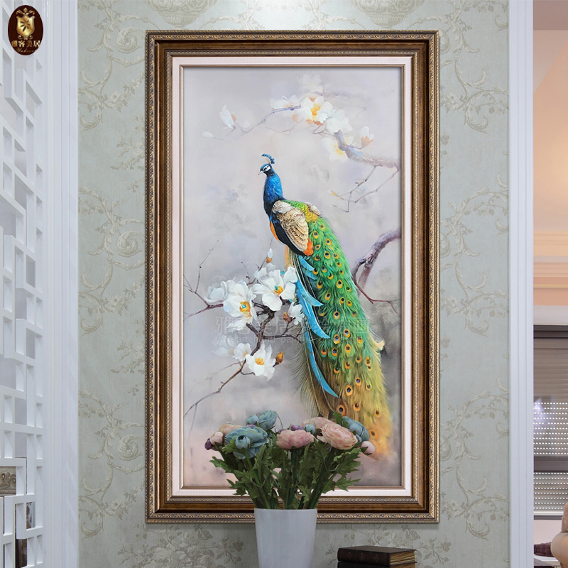 富贵唯美孔雀手绘竖版动物油画美式客厅楼中楼过道玄关餐厅装饰画