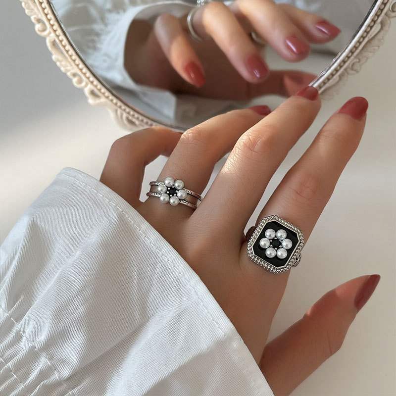 欧美高级感时尚珍珠戒指女925银韩版轻奢跨境个性开口食指环潮