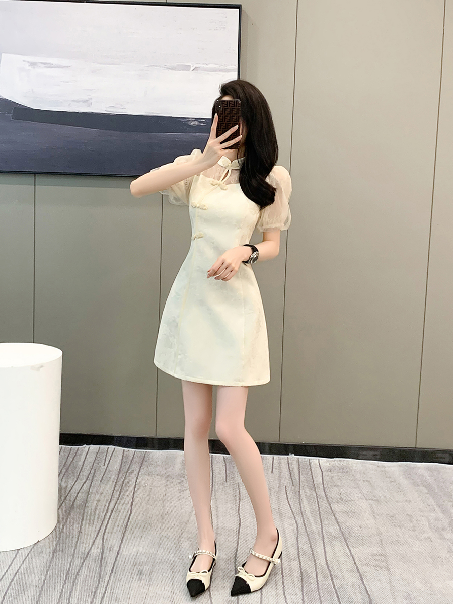 新中式国风连衣裙女夏季小个子显瘦蕾丝拼接改良旗袍新款短款裙子