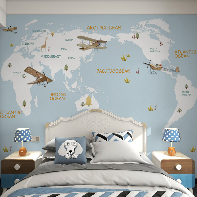 儿童房壁纸男孩飞机壁画墙纸卧室男生地中海海洋墙布地图背景墙