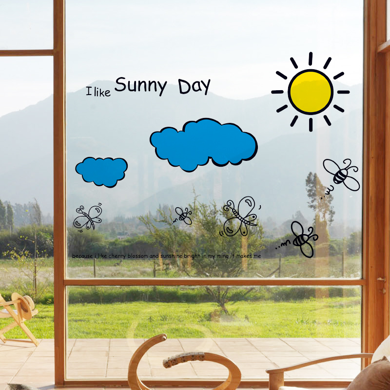 夏日儿童房创意玻璃门窗贴画窗户布置装饰可爱图案静电墙贴纸墙纸