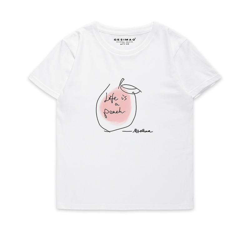 GESIMAO 简笔画粉色桃子 独立设计 新款 原创t恤女文艺短袖