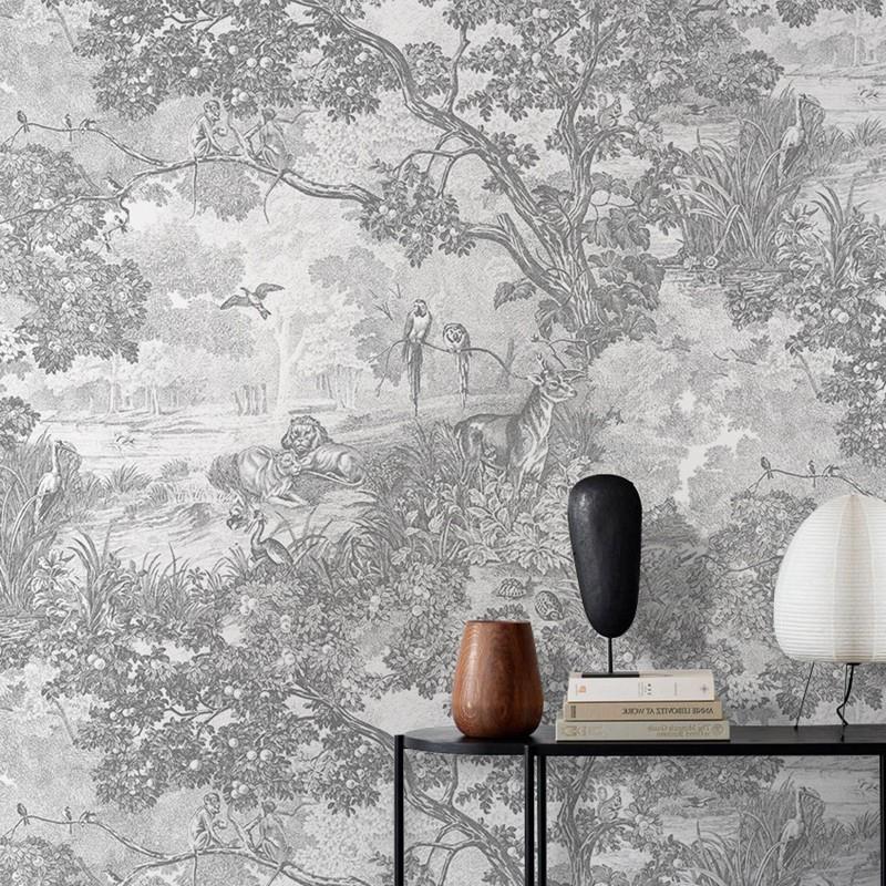 Dior法式复古丛林壁纸黑白雨林卧室客厅背景墙纸酒店民宿定制墙布