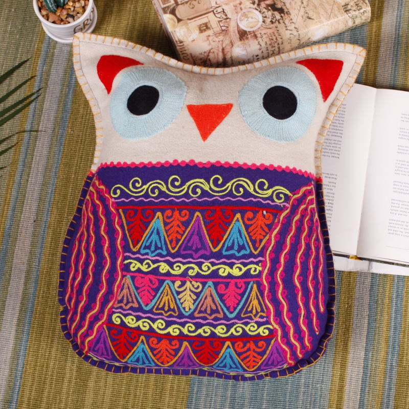 印度进口波西米亚风卡通抱枕猫头鹰手工绣线沙发羊毛刺绣靠垫靠枕