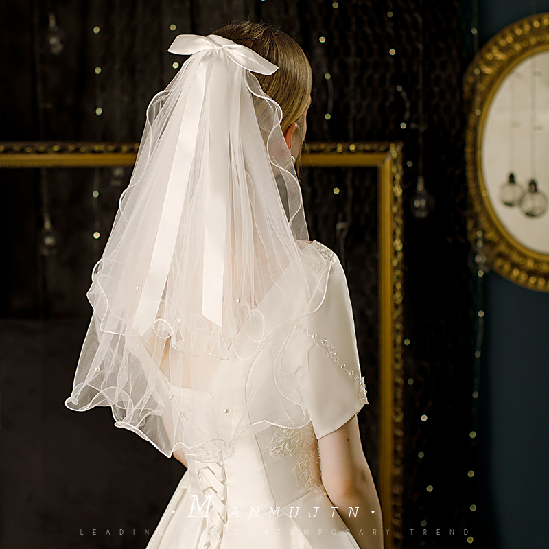 新娘结婚头饰白色蝴蝶结珍珠短款头纱法式求婚领证登记拍照小头纱