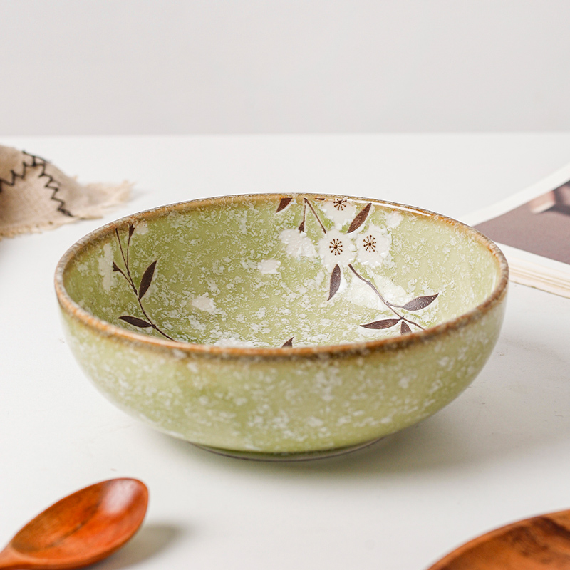 日本进口绿樱花陶瓷日式餐具浅口钵形碗面碗汤碗装菜碗家用蒸菜碗