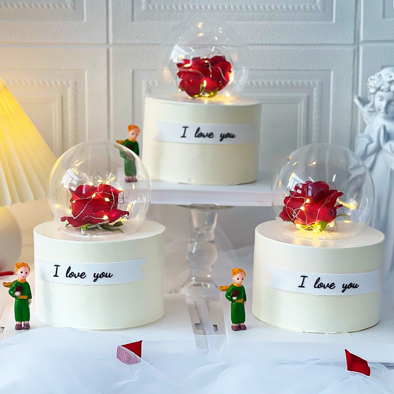 520情人节蛋糕装饰摆件拿花小王子玫瑰花插件发光灯串玻璃水晶球