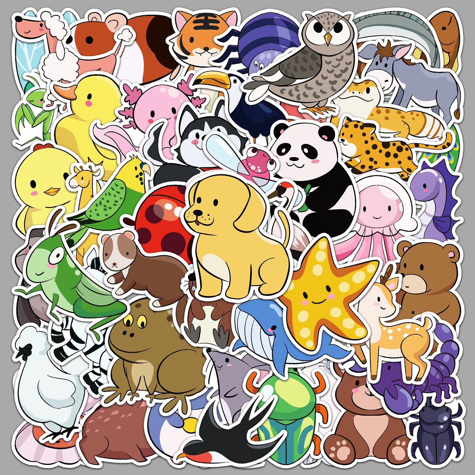 50张原创简笔动物贴纸可爱小熊鸭子卡通图案装饰水杯文具防水贴画