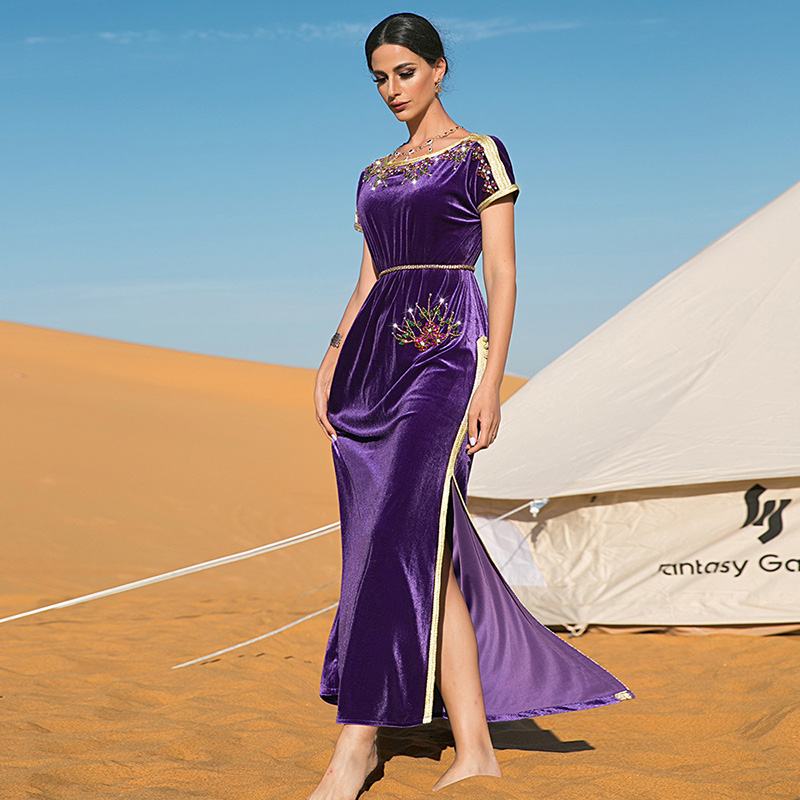 新款土耳其迪拜名媛风连衣裙紫色天鹅绒阿拉伯聚会晚礼服贵族长袍