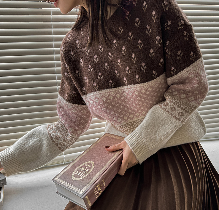 韩国代购毛衣2023冬季女装宽松百搭好看配色复古风小碎花色针织衫