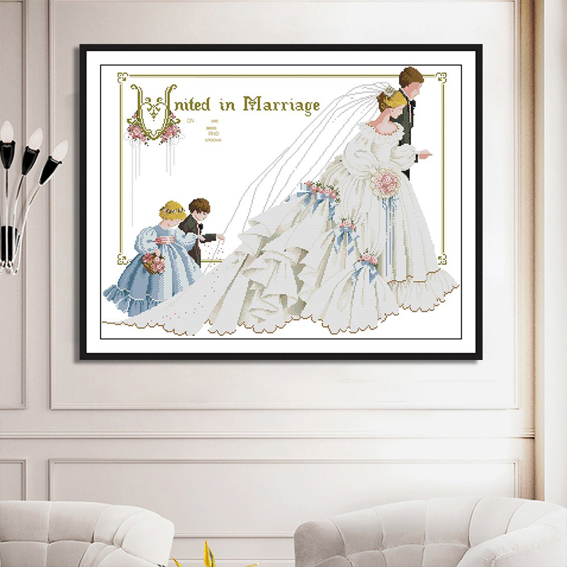 现代婚礼印花十字绣新娘新郎漂亮的婚纱礼服两个花童卧室床头挂画