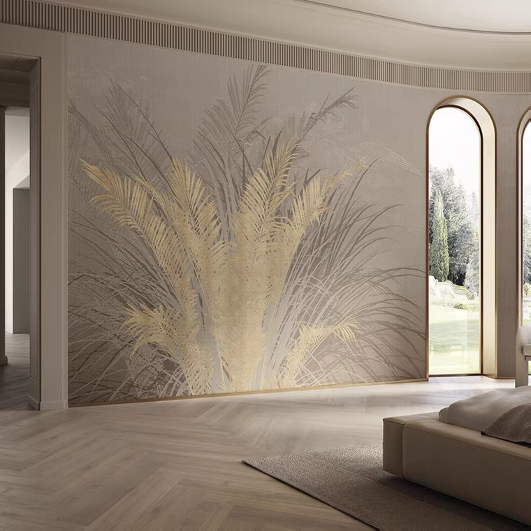 现代简约客厅沙发背景墙壁布法式叶子图卧室墙布轻奢素色定制壁画
