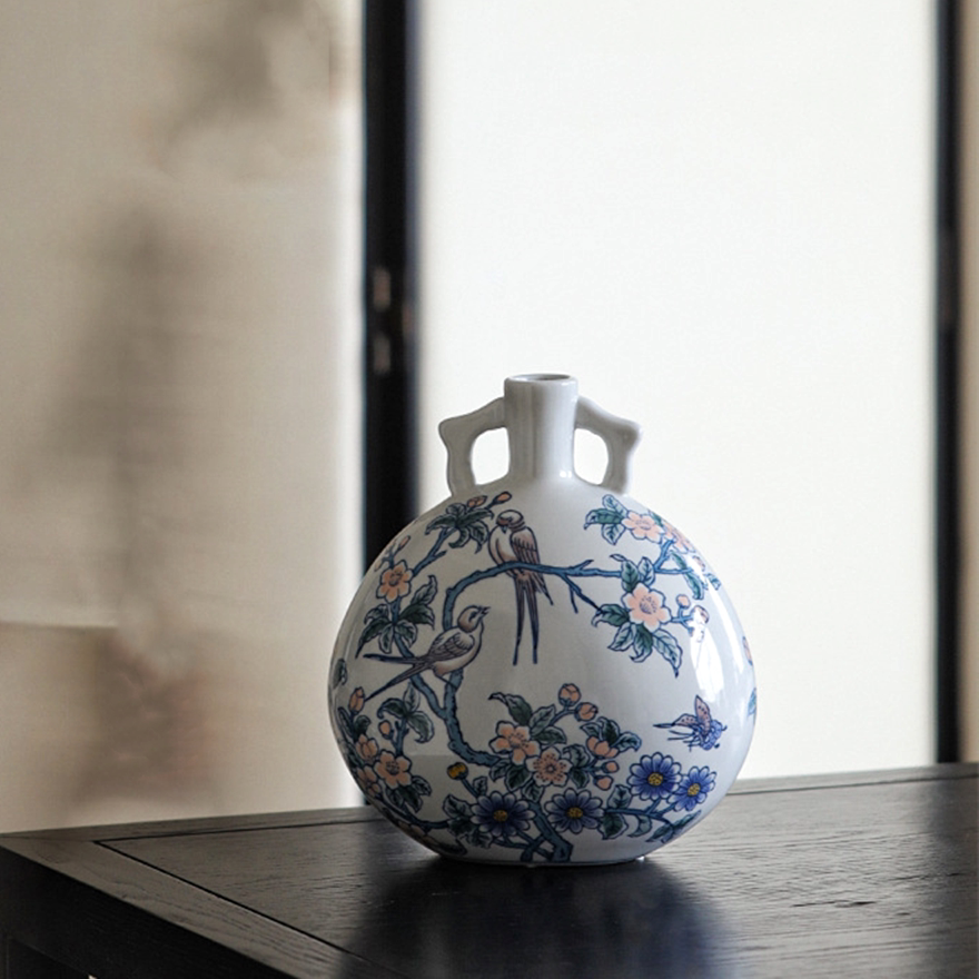 复古双耳青花瓷陶瓷花瓶摆件家居酒壶花器装饰品