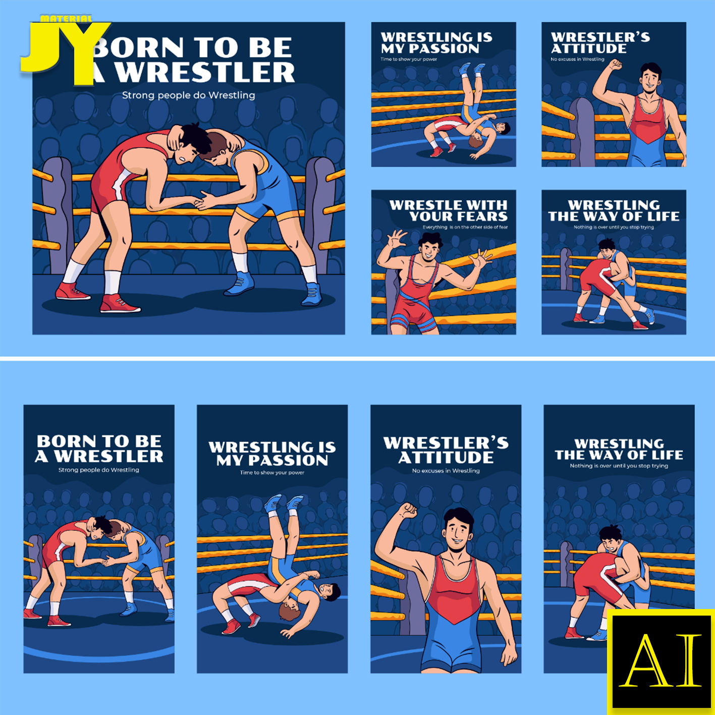 手绘卡通擂台比赛竞技运动相扑摔跤俱乐部海报模式模板插画AI素材