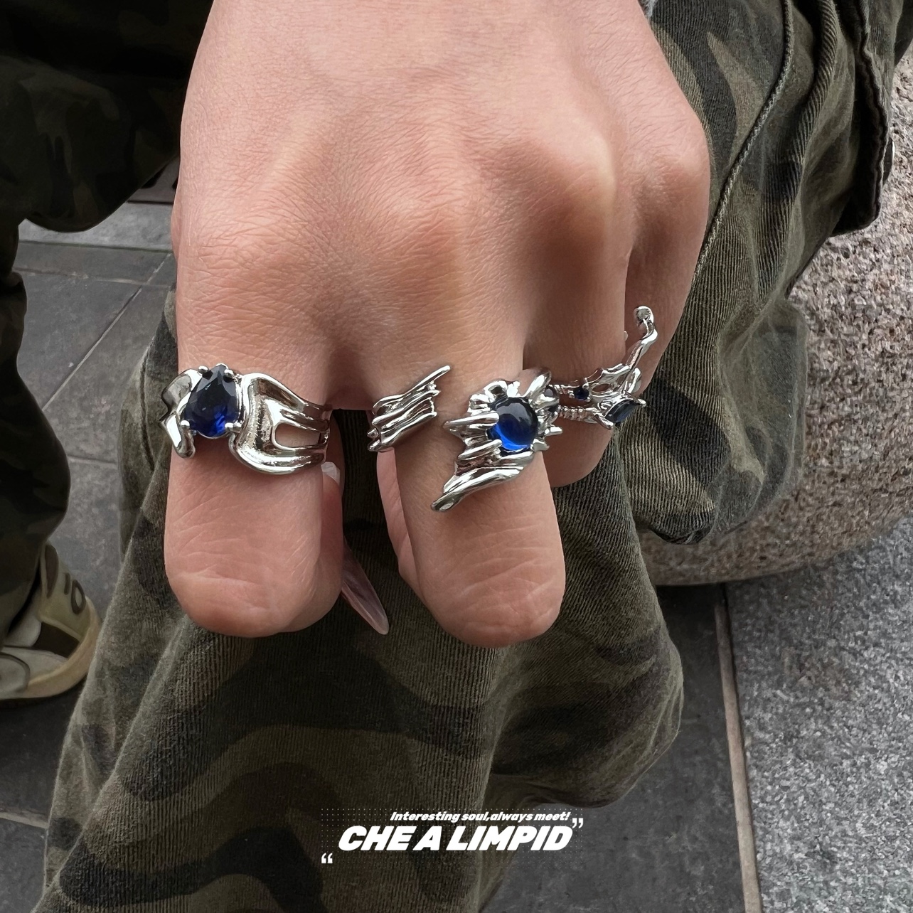 CHEALIMPID/.蓝宝石不规则几何褶皱戒指小众设计潮流男女嘻哈指环