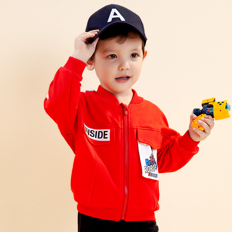 男童外套2024新款儿童红色韩版棒球服春季宝宝洋气卡通拉链衫潮服