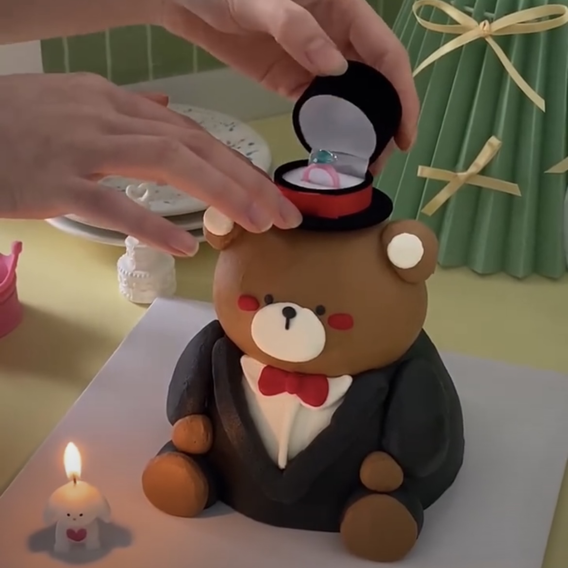 烘焙秘密 韩国黑礼帽小熊蛋糕 求婚小熊戒指盒礼帽绒布戒指盒装饰