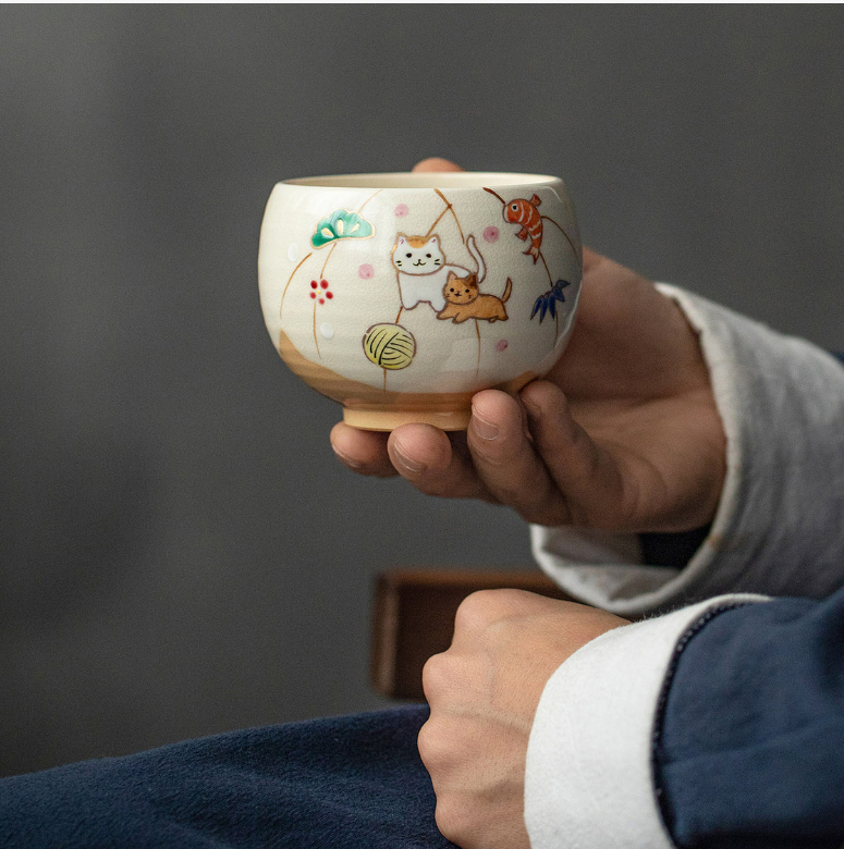 现货日本进口清水烧作家器田园插画手绘手作陶器熊猫兔茶杯马克杯