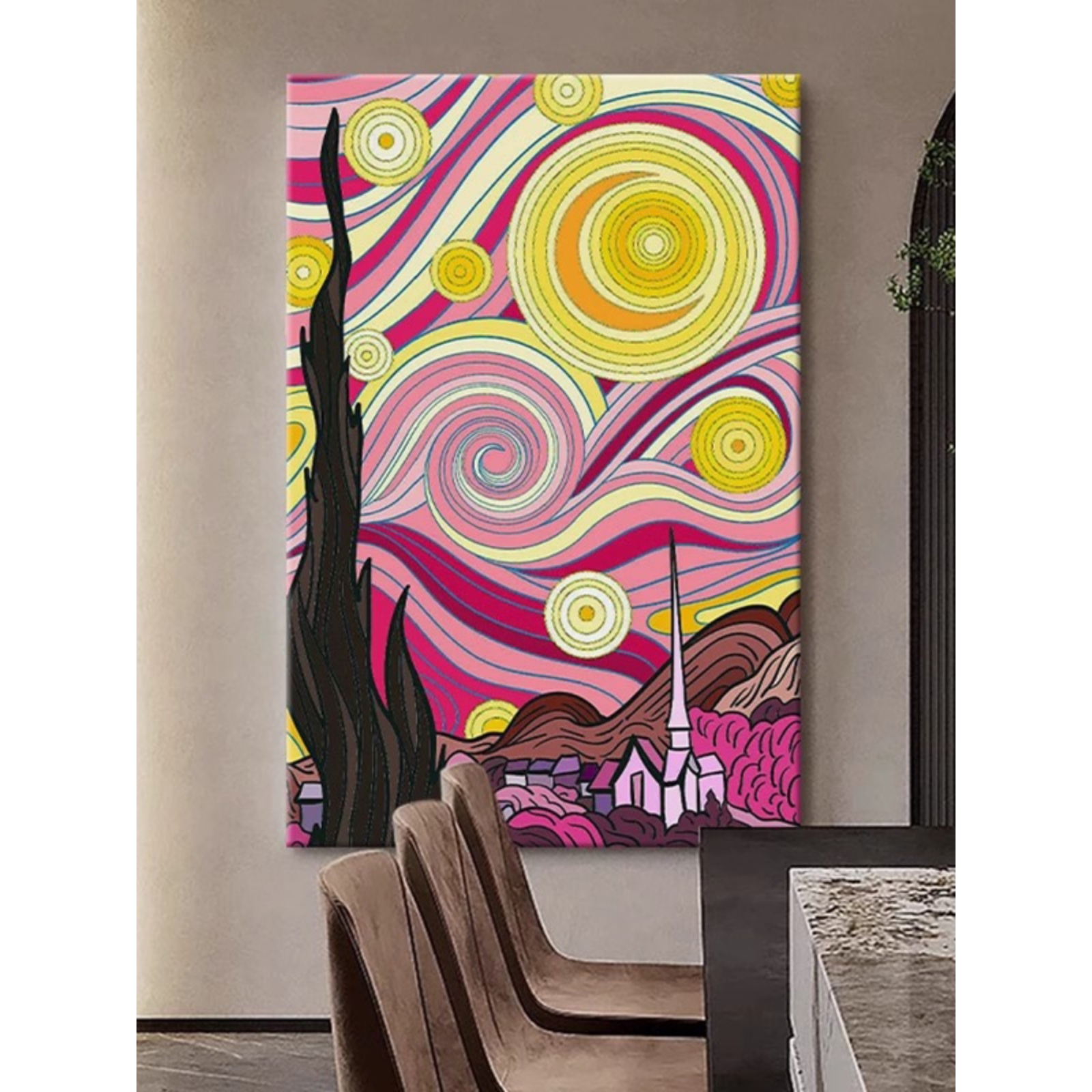 抽象派粉色梵高星空房间装饰画北欧风格多巴胺简约小众客厅壁挂画