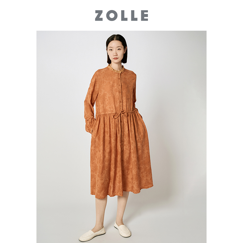 ZOLLE因为2024年春夏新款衬衫连衣裙花边领中长款显瘦女裙子