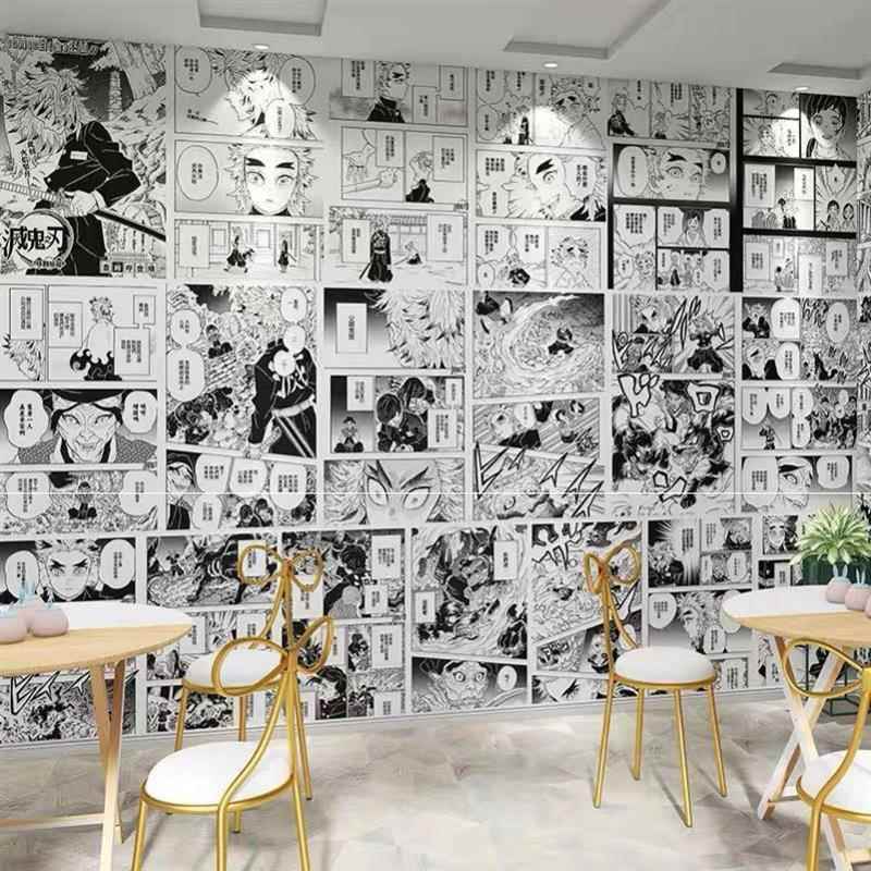 二次元少女黑白漫画墙纸壁纸自粘背景墙日系动漫卧室宿舍卡通海报