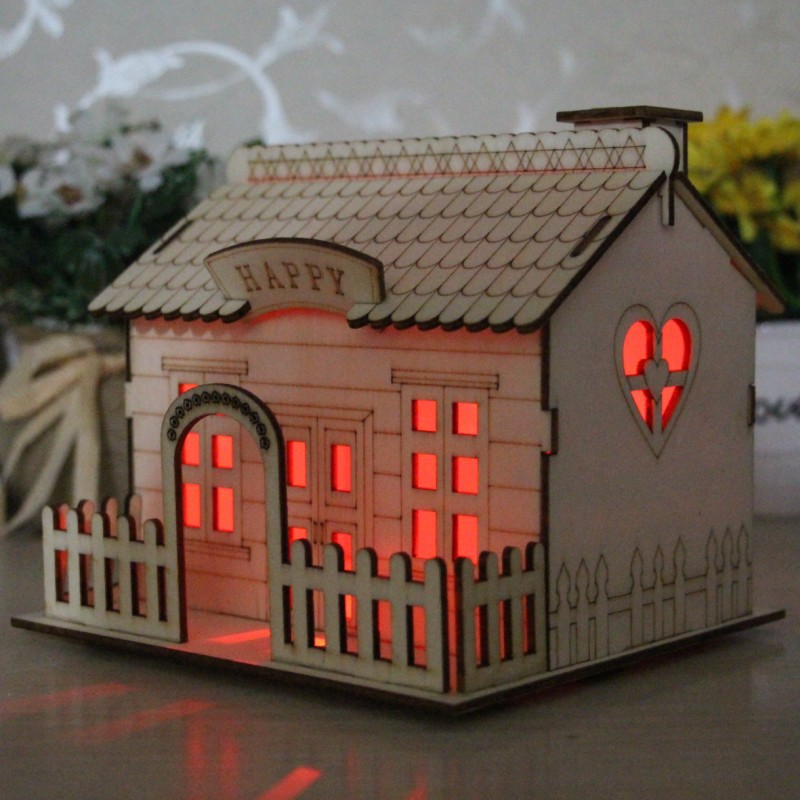 创意木质带灯小房子摆件 原木环保小洋楼别墅模型 儿童生日礼品