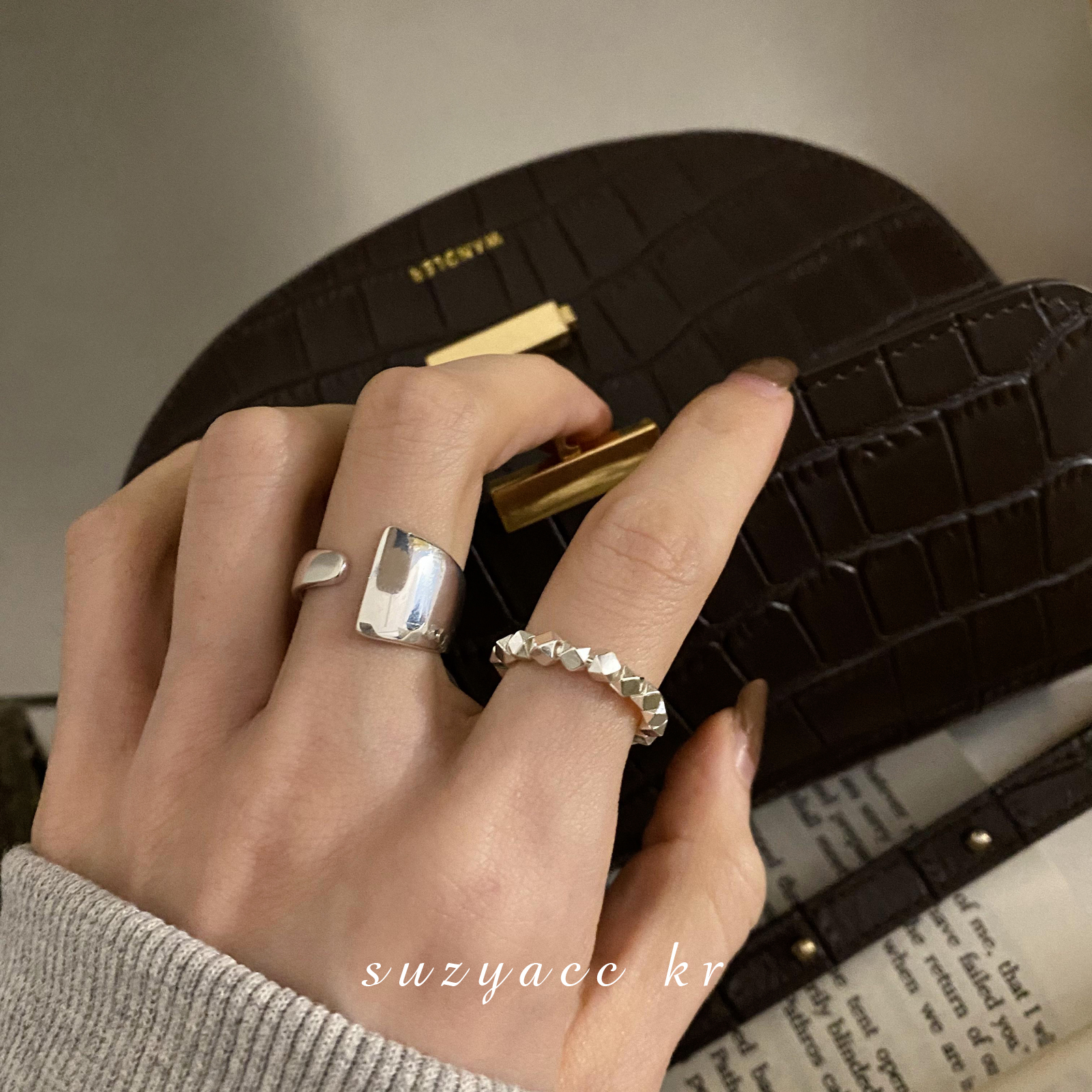 suzyacc kr小众设计感串珠纯银戒指女2024年新款潮食指戒时尚个性