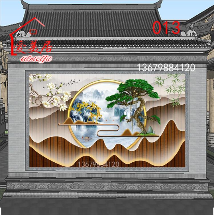 3D别墅迎门墙壁画户外瓷砖背景墙新中式庭院照壁墙装饰画入户屏风