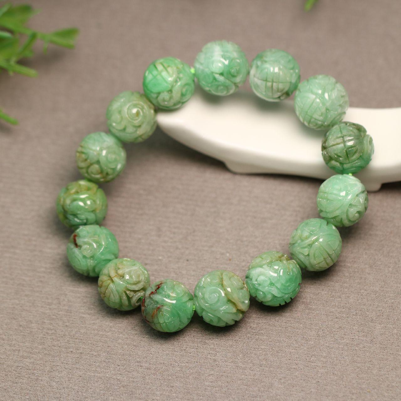 特价#B666一串果绿色天然A货老翡翠团寿龙纹雕花珠子手串手链