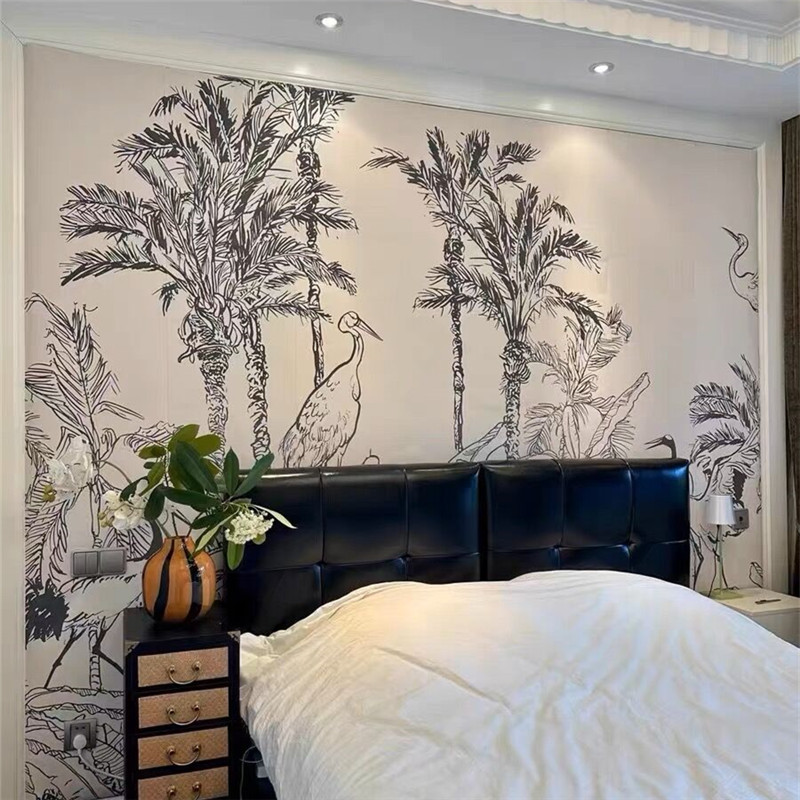法式卧室复古壁纸Dior丛林动物墙纸虎嗅蔷薇雨林仙鹤老虎墙布壁画