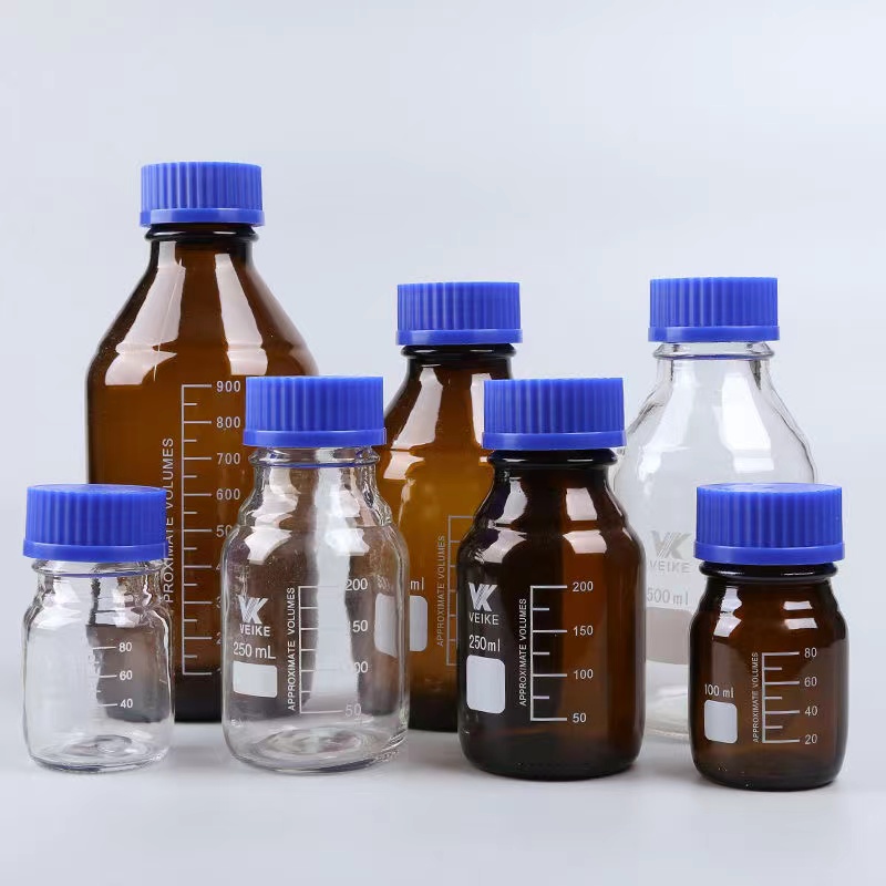 蓝盖丝口玻璃试剂瓶透明棕色密封瓶实验室取样瓶螺纹口刻度密封瓶