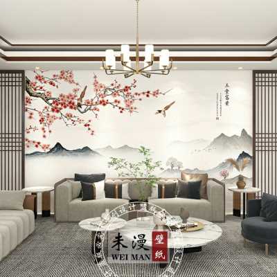 新中式梅花花鸟玉堂富贵电视背景墙壁纸客厅卧室影视墙布装饰壁画