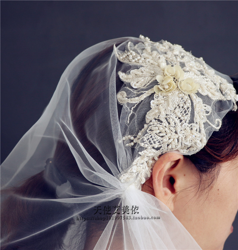 欧式复古新娘结婚头纱时尚蕾丝纱帽拍照写真单层软纱头纱