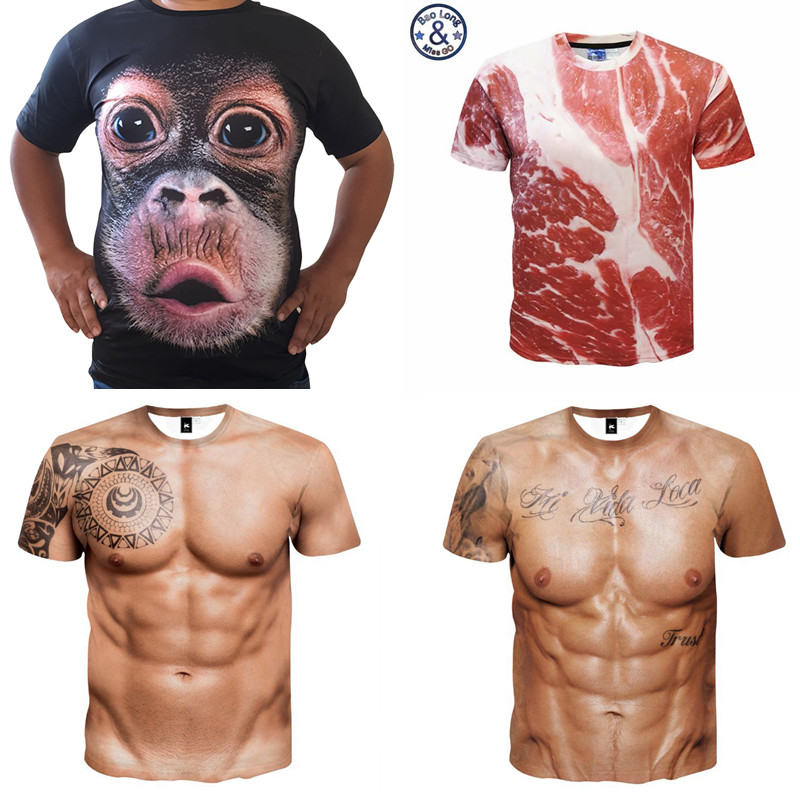 肌肉男表演衣服搞笑6八块假腹肌胸肌短袖t恤3d立体大猩猩图案体恤