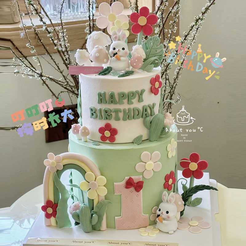兔宝宝周岁蛋糕小兔子生日装饰摆件卡通兔百天满月100天插件插牌