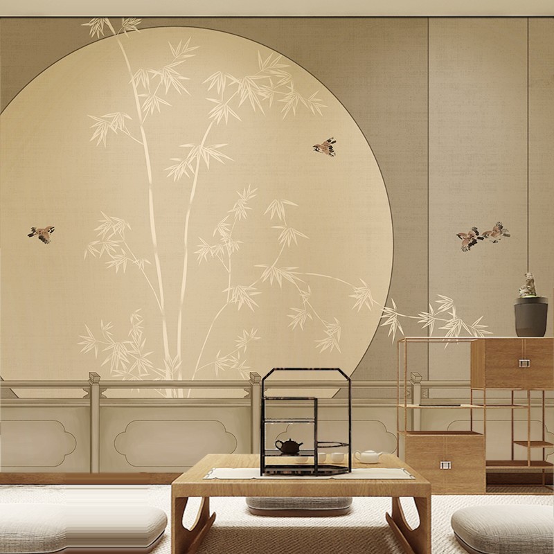 现代中式意境轻奢日式竹子飞鸟圆月壁纸客厅书房茶室电视背景墙纸