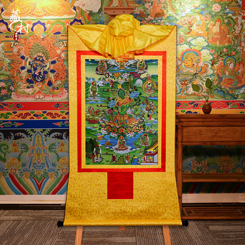 藏村绿度母挂件唐卡中式装裱八度母挂画家用菩萨油画像大号