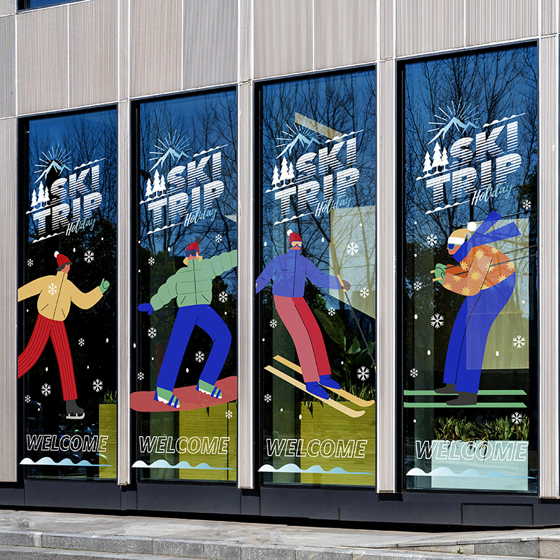 滑雪溜冰运动场橱窗双面贴画冬季休闲旅游宣传海报无胶静电玻璃贴