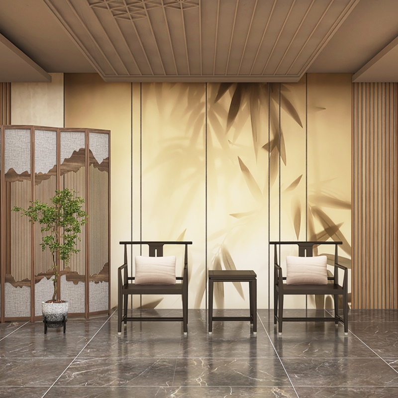 3d新中式壁纸格栅竹子意境墙纸古风剧本杀背景办公室书房茶室墙布