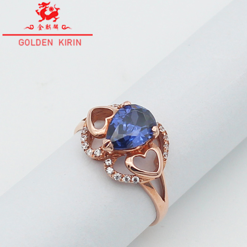 金奇麟俄罗斯585紫金水滴形蓝宝石戒指新款时尚气质纯14K玫瑰金