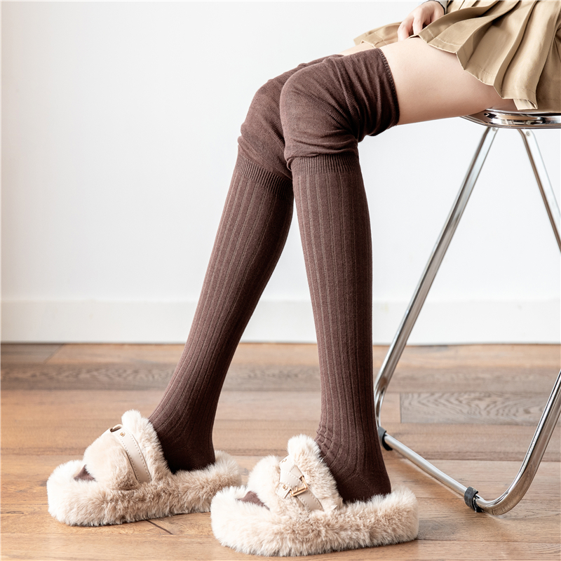 美拉德搭配靴子过膝袜女秋冬大腿拼接堆堆袜日系JK咖啡白色长筒袜