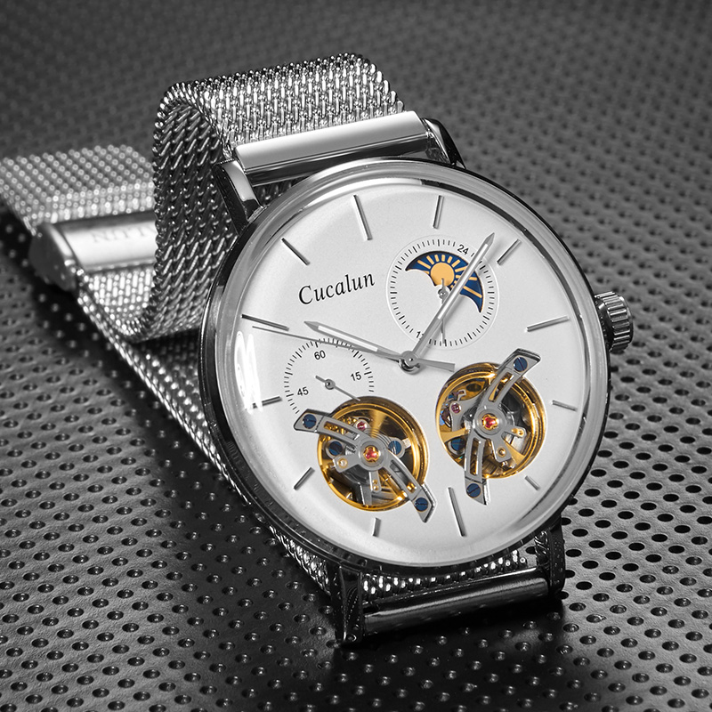 手表男士夜光显示防水运动双陀飞轮双镂空全自动机械手表精钢表带