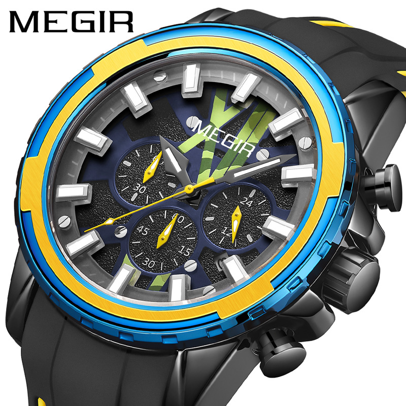 美格尔megir男士手表潮牌多功能三针计时秒表防水硅胶石英表2133