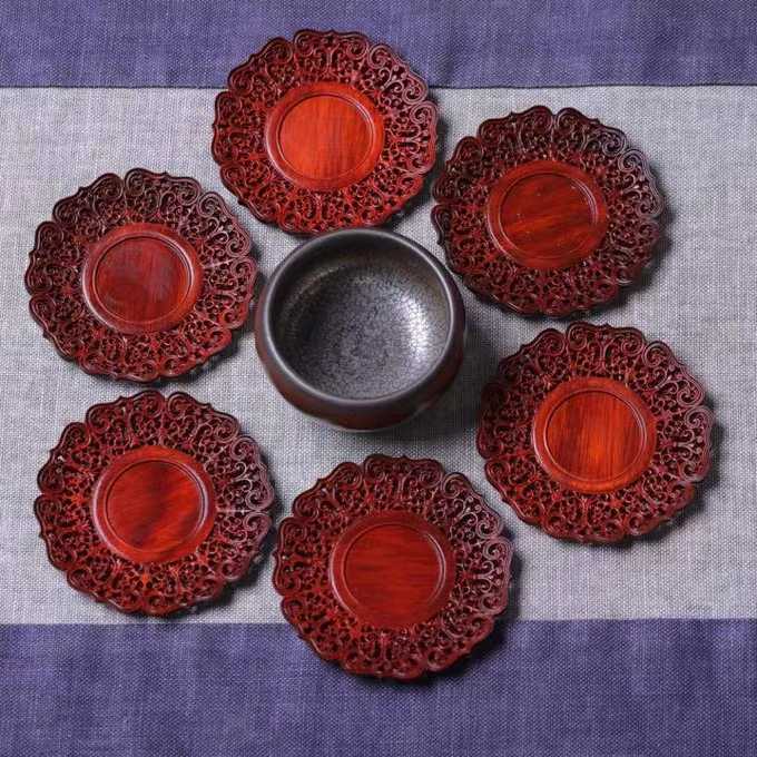 小叶紫檀木透雕缠枝莲纹茶杯垫 品茗隔热杯垫茶道茶具茶托配件