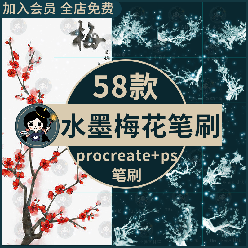 中国风水墨梅花腊梅花枝传统古风国画图案插画procreate+ps笔刷