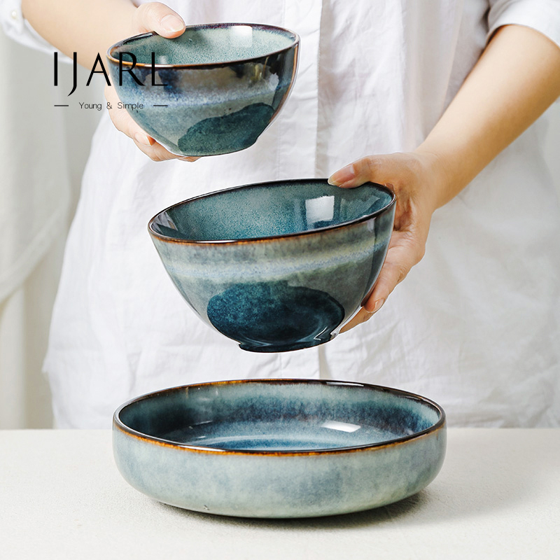 ijarl碗家用陶瓷餐具蓝色饭碗创意个性窑变釉菜汤碗水果沙拉碗盘