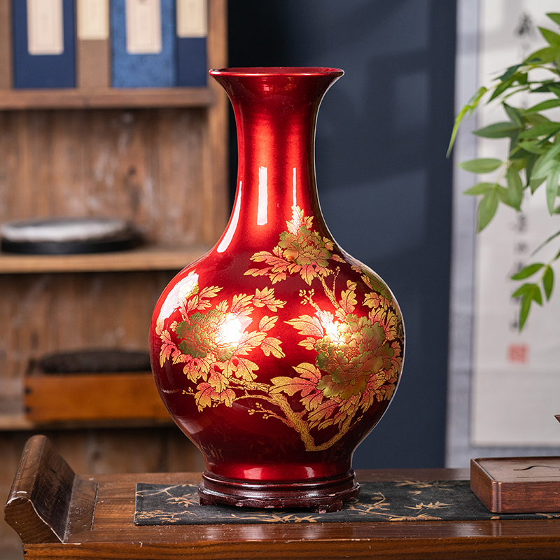 景德镇陶瓷中国红色牡丹花瓶家居客厅电视柜玄关中式装饰插花摆件