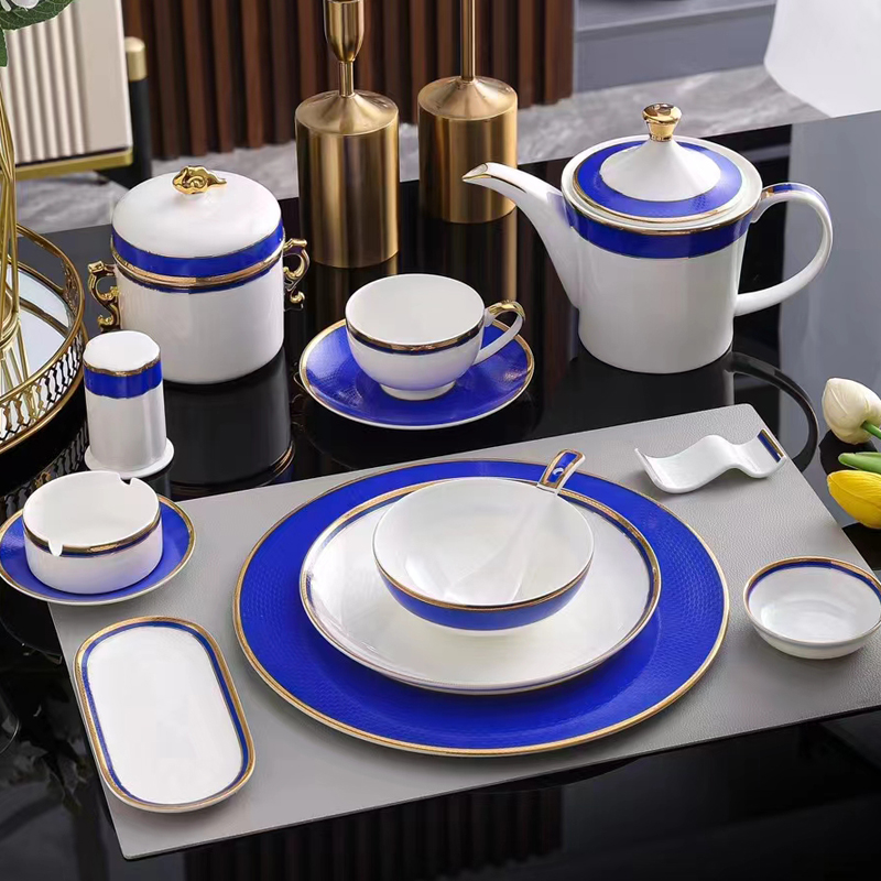 蓝色主题奢华高级感骨瓷摆台餐具套装酒店宴会用包厢骨碟盘碗包邮